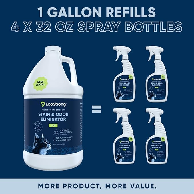 Eco Strong Cat Stain And Odor Remover| Enzyme Urine Odor Neutralizer - Stain Remover for Carpet, Litter Boxes, Bedding, and Laundry [Citrus Scent Gallon Value Size]