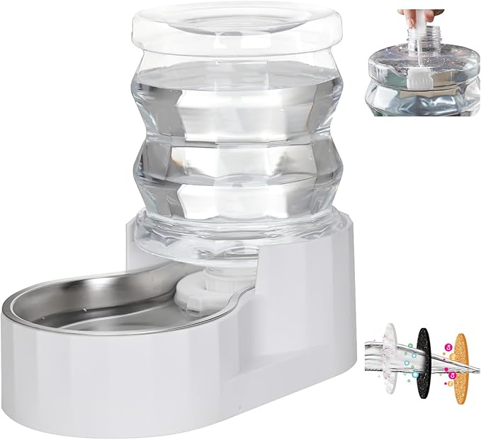 RIZZARI Pet Water Bowl Dispenser: 4L Automatic Stainless Steel Gravity Feeder with Specialized Brush and Triple Filter - Large Capacity for Cats and Dogs with Joint Spine Pain - for Kitchen Bedroom