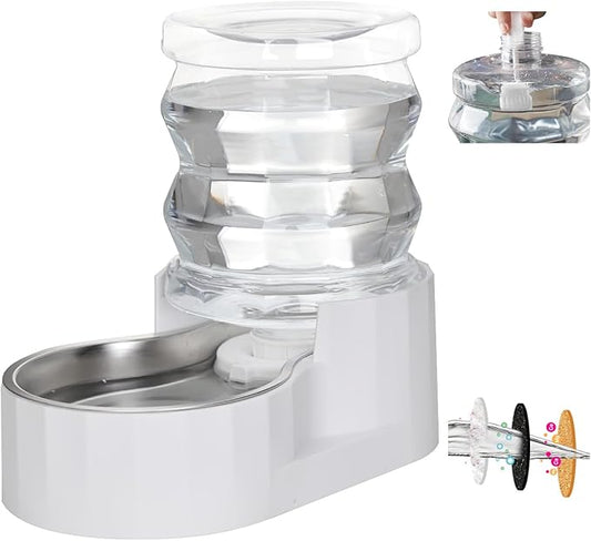 RIZZARI Pet Water Bowl Dispenser: 4L Automatic Stainless Steel Gravity Feeder with Specialized Brush and Triple Filter - Large Capacity for Cats and Dogs with Joint Spine Pain - for Kitchen Bedroom