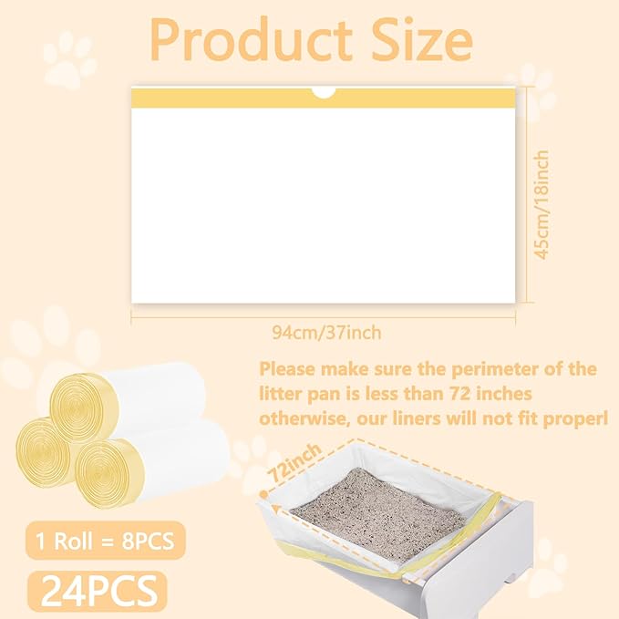24 Count Cat Litter Box Liners - Large Drawstring Cat Litter Bags, Extra Thick Heavy Duty Durable Litters Tray Pet Cats Pan Liners, Waste Replacement Bags for Self-Cleaning Cats Litter Boxes 18" x 37"