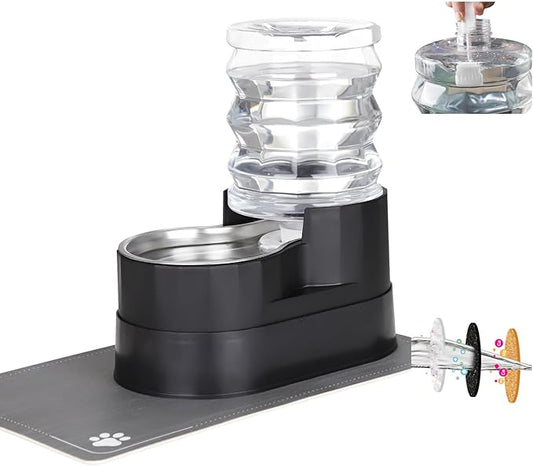 RIZZARI Automatic Cat Water Dispenser: Black 5L Elevated Feeder with Specialized Brush and Triple Filtration - Stainless Steel Gravity Bowl - Leakproof Base for Indoor Pets