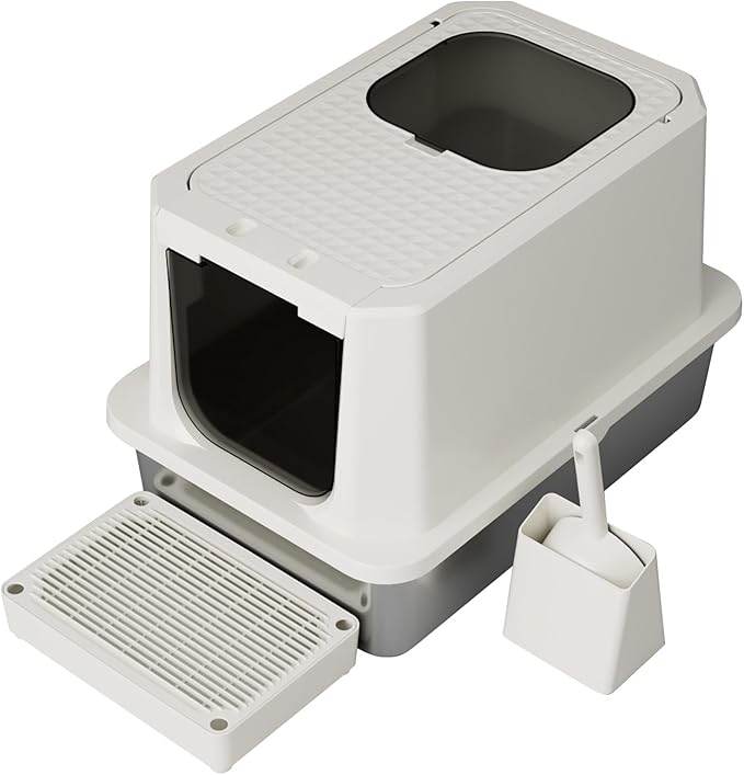 RIZZARI Stainless Steel Cat Box: Leak-Proof Large Enclosed Litter Pan Indoor Odorless Tray for Multiple Cats - Beige - for Cats Under 20 lbs - Ideal for Laundry Room Balcony