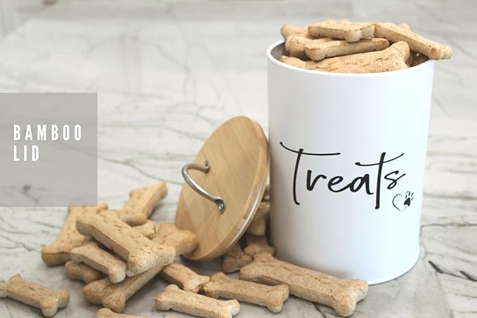 White Dog and Cat Treat Container with Easy to Open Bamboo Lid, 98 oz/12 cups