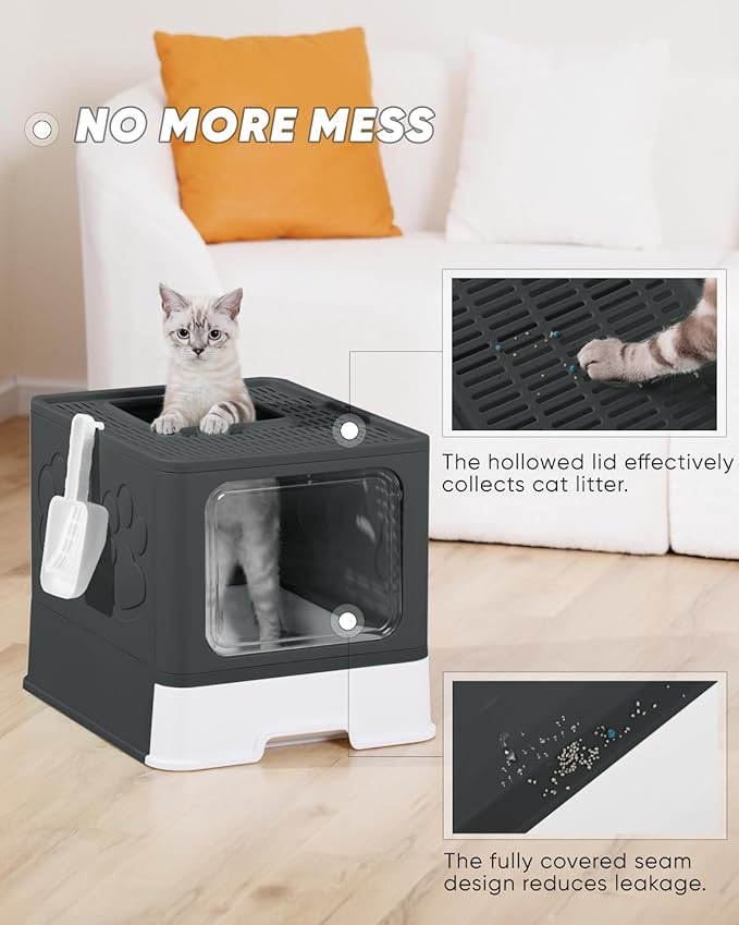Enclosed Cat Litter Box, Large Litter Box for Big Cats, Covered Kitty Litter Boxes with Lid, Top Entry Cat Box Enclosure with Scoop, Odor Control, Easy to Clean (Black)