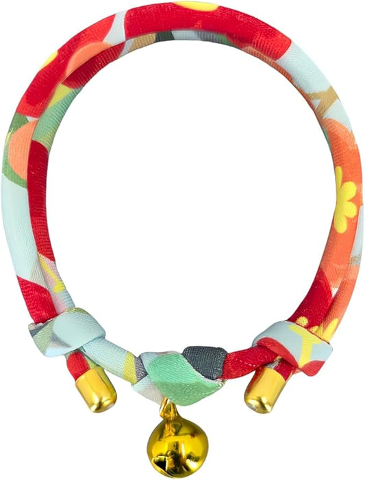 Handmade Cotton Cat Collar with Bell – Adjustable Slip-On Design, No Buckle, Lightweight Rope Collar for Kittens, Indoor Cats, and Small Pets (Aurora)