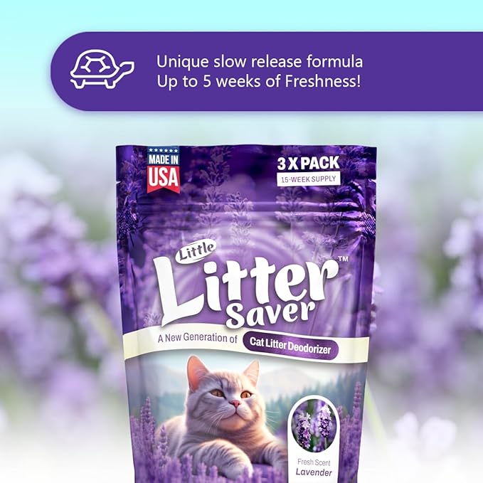 Little Litter Saver | a New Generation Of Cat Litter Box Deodorizer | Unique Slow Release Formula | Natural Fresh Scent | Up to 15 Weeks Supply | 3 x 0.5oz bags (Lavender)