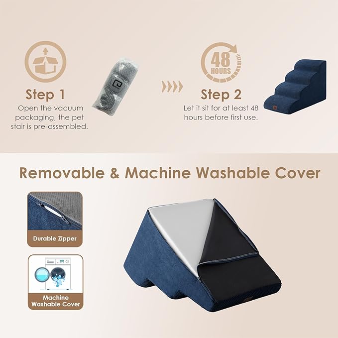 EHEYCIGA Curved Dog Stairs Ramp for High Beds 19.7" H, 4-Step Dog Steps for Small Dogs and Cats, Pet Stairs for High Bed Climbing, Non-Slip Balanced Pet Step Indoor, Navy