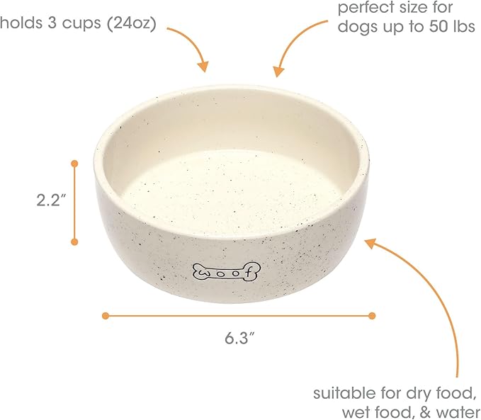 Pearhead Ceramic Woof Dog Bowl, Holds 3 Cups, Stoneware Food and Water Dish, Pet Feeding, Microwave and Dishwasher Safe, Medium