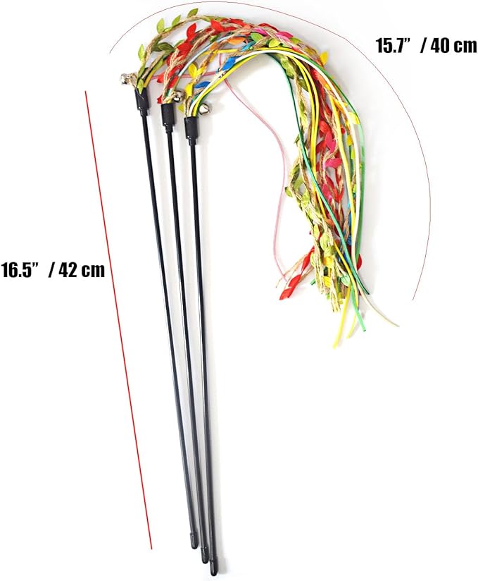 IUHKBH Cat Wands, 3 PCS Colorful Teaser Toy Handcrafted Jungle Wicker Kitten Wands Interactive Cat Toy for Indoor Cats Enrichment, Safe Kitty Toy for All Breed Sizes