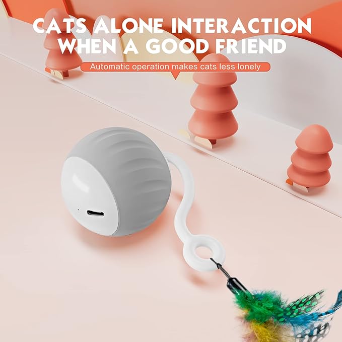 Interactive Cat Toys Ball - Electric Automatic Toys for Indoor Cats, LED Lights and Toys Feather Tail with Sound Activated and Touch, USB Rechargeable, 2peeds Mode for Bored Kittens/Adult Cats