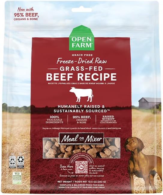 Open Farm, Freeze Dried Raw Dog Food, Morsels with 95% Meat, Organs & Bone, Organic Produce & Superfoods, Complete Meal or Freeze Dried Dog Food Topper, Grass-Fed Beef Recipe, 22oz Bag