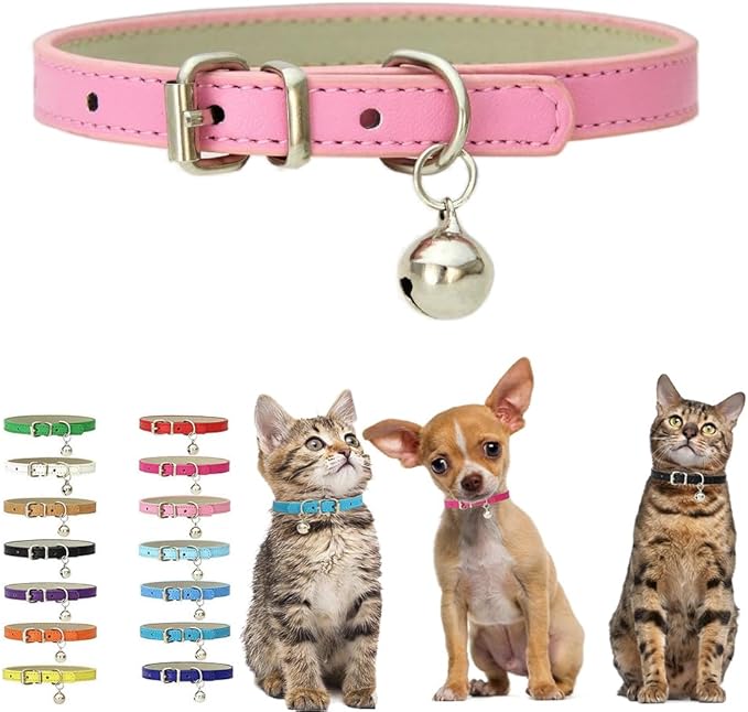 Pink Kitten Collar with Bell, Soft Pu Leather Small Dog Collars Adjustable Buckle for XXS XS Extra Small Medium Tiny Female Male Boys Girls Pets Puppy Cats Teacup Yorkie XX-Small