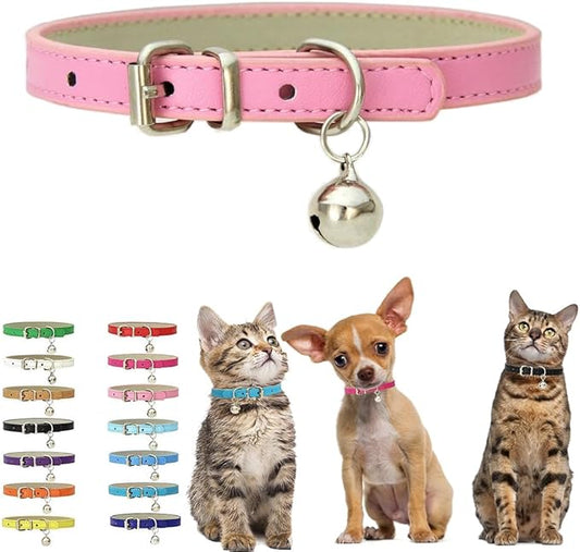 Pink Small Collar with Bell, Soft Pu Leather Kitten Dog Collars Adjustable Buckle for XXS XS Extra Small Medium Tiny Female Male Boys Girls Pets Small Cats Teacup Yorkie X-Small