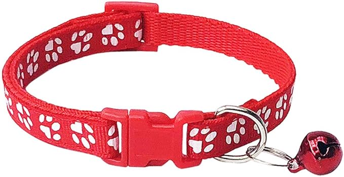 CHBORCHICEN 2-Pack Footprint & Reflective Cat Collar with Bell Basic Dog Cat Collar Buckle Adjustable Polyester Cat Dog Collar or Seatbelts (Small, Red)