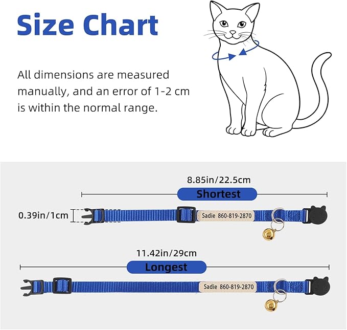 Personalized Nylon Cat Collar with Name and Phone Number, Custom UV Printed Breakaway Adjustable Collar with Bell for Cats