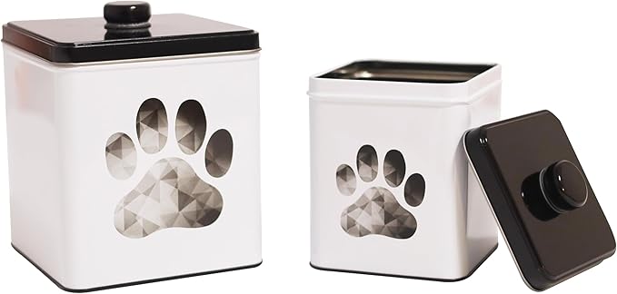 2pc Set Square Storage Dog Tin Container for Treats, Food, Storage, Supplies, Toys (Paw)