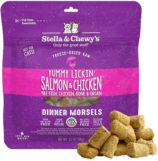 Stella & Chewy's Freeze-Dried Raw Cat Dinner Morsels - Premium Salmon & Chicken Recipe with 98% Wild-Caught & Cage-Free Protein - Natural Grain-Free Cat & Kitten Food - Made in USA - 3.5 oz