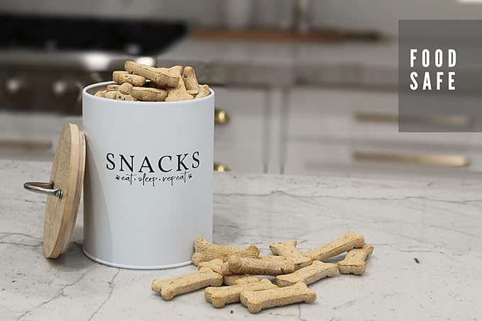 White Dog and Cat Treat Container with Easy to Open Bamboo Lid, 8.5 cups/ 70 fl oz.