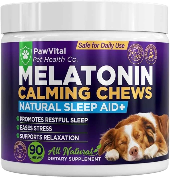 Melatonin Calming Chews for Dogs – Natural Sleep Aid & Anxiety Relief – Dog Calming Treats with Chamomile, Valerian Root, Ashwagandha & Theanine – 90 Soft Chews for Small & Large Breeds