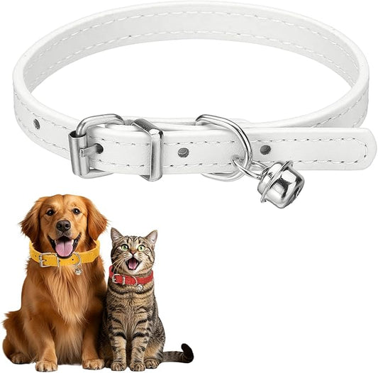Dog Collar with Bell, Pu Leather Cat Collars Pet Basic Soft Padded Adjustable Buckle, 12" (White, 1 Pcs), Intended for Teacup/Little Dog/Kitten Cats/Small Animals