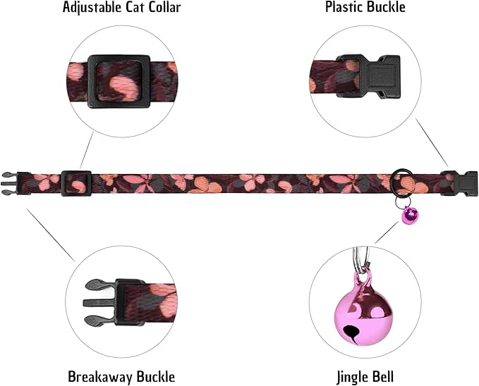 4PCS Breakaway Cat Collars with Bell - Cute Soft Adjustable Safety Kitten Collars 4-Pack - Nylon Pet Collars Nature Tribal Striped Floral Space Aztec Flowers Print (Floral)