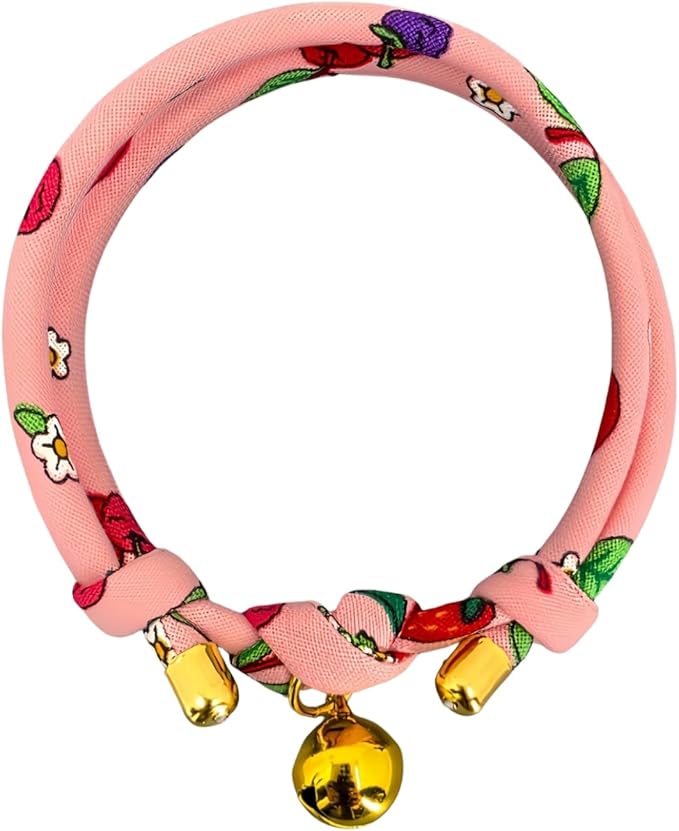 Handmade Cotton Cat Collar with Bell – Adjustable Slip-On Design, No Buckle, Lightweight Rope Collar for Kittens, Indoor Cats, and Small Pets (Cherry)