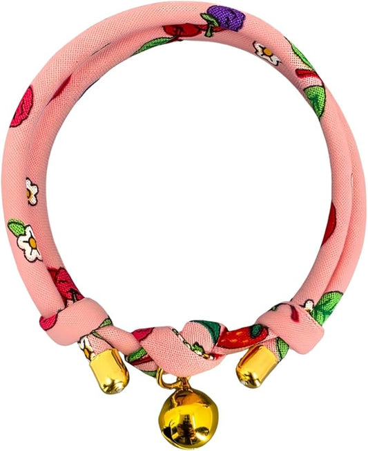 Handmade Cotton Cat Collar with Bell – Adjustable Slip-On Design, No Buckle, Lightweight Rope Collar for Kittens, Indoor Cats, and Small Pets (Cherry)