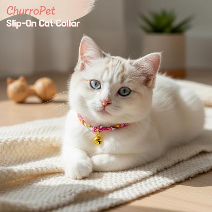 Handmade Cotton Cat Collar with Bell – Adjustable Slip-On Design, No Buckle, Lightweight Rope Collar for Kittens, Indoor Cats, and Small Pets (Peep)