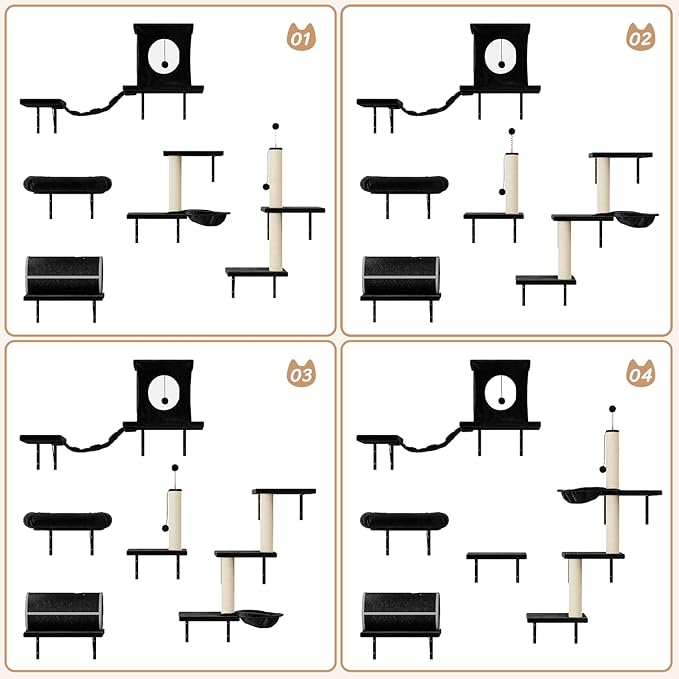 NUNU LAB 14-in-1 Cat Wall Shelves Set, Wall-Mounted Cat Climber with Bridge, Tunnel, House, Scratcher, Steps, Indoor Space-Saving Furniture for Kittens Play, Black