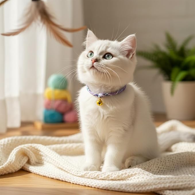 Handmade Cotton Cat Collar with Bell – Adjustable Slip-On Design, No Buckle, Lightweight Rope Collar for Kittens, Indoor Cats, and Small Pets (Plum)