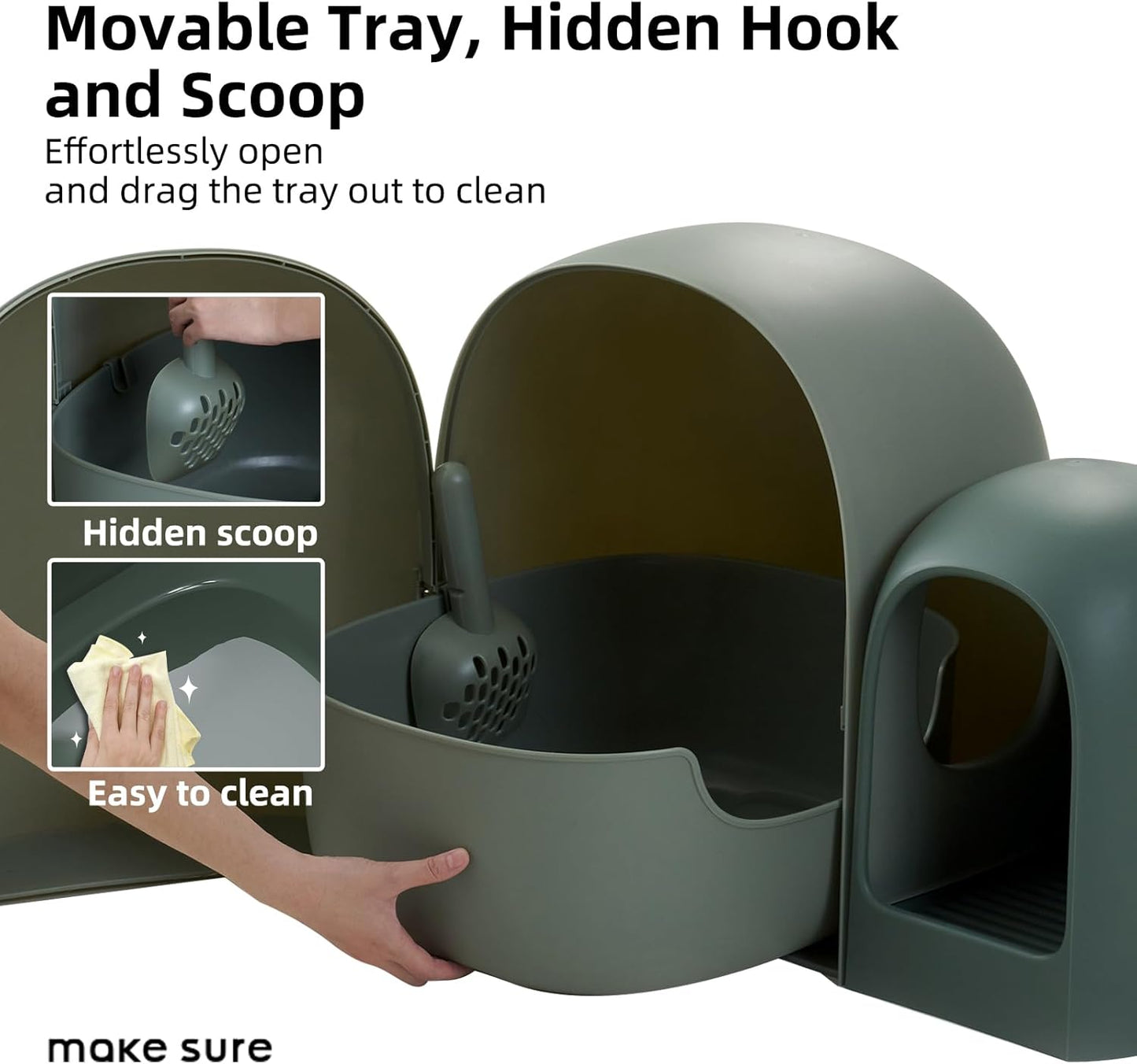 MS!MAKE SURE Cat Litter Box, Large Covered Hidden Dog Proof Closed Modern Cat Litter Box Furniture with Scoop, for Odor Control and Less Tracking, Easy to Clean,26.7"x19.6"19.6", Moss Green