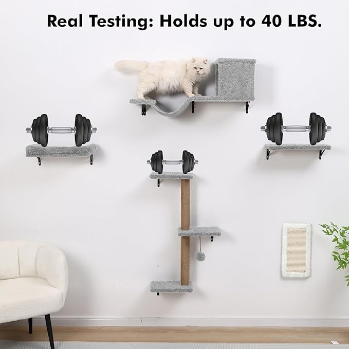 5-in-1 Cat Wall Shelves, Multi-Level Cat Climbing Furniture, Perch & Lounge for Indoor Cats, Space-Saving Wall Mounted Shelves for Play & Rest (Natural Wood) - Light Gray