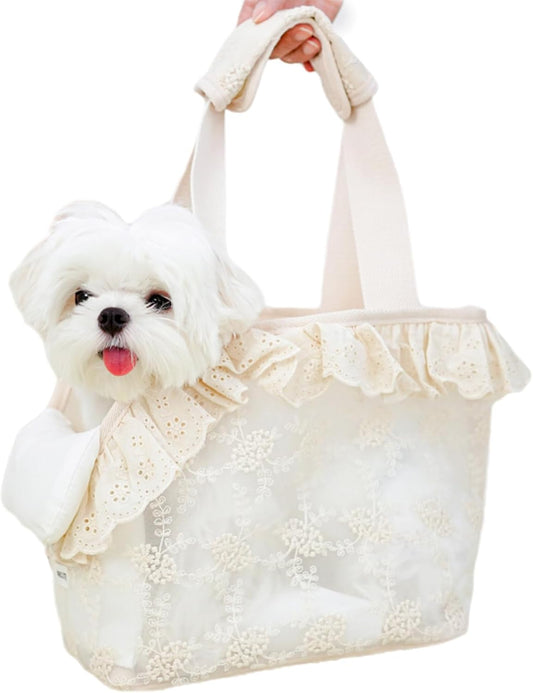 Dog Carrier for Small Dogs Rabbit cat with Lace Design, Cotton Bag, Dog Carrier Soft Sided, Collapsible Travel Puppy Carrier (Beige, 9.4" L x 5.9" W x 9.4" H)
