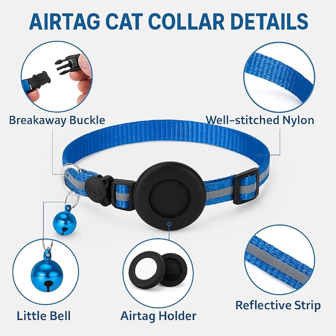 AirTag Cat Collar Airtag Holder for Cats – Breakaway Reflective Nylon Kitten Collar with Bell, Adjustable 1cm Cat Collar for Tracking, Safety & Small Cats (Fits 8.66–13.78 in)