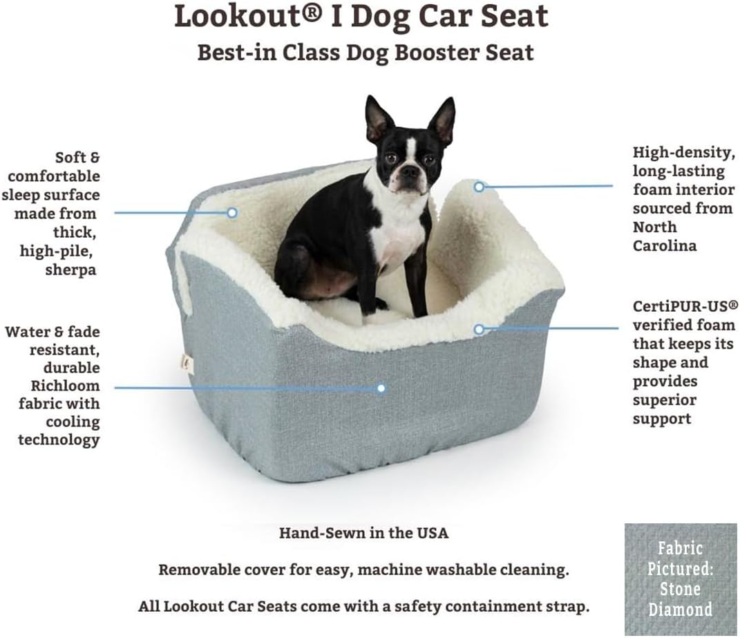 Snoozer Dog Car Seat, Lookout I Dog Booster Car Seat for Small Dogs Under 25lbs, Size: Medium, Fabric: Denim Diamond, Pet Car Seat to Alleviate Car Sickness for Dogs, Removable Machine Washable Cover