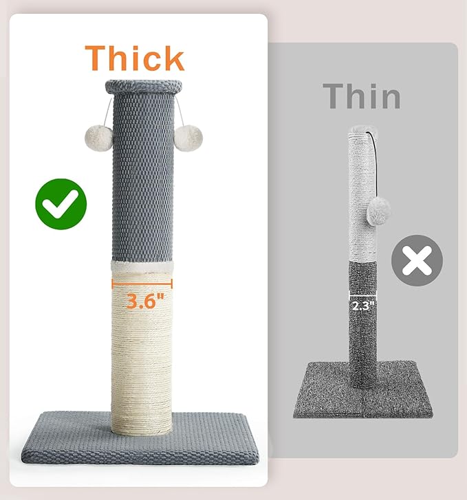 Made4Pets Tall Cat Scratching Post, Heavy Duty and Thicker Scratching Posts for Indoor Cats Adults, 23.6" Natural Sisal Cat Scratcher with Hanging Balls, Sturdy Base Cat Scratch Post, Light Grey