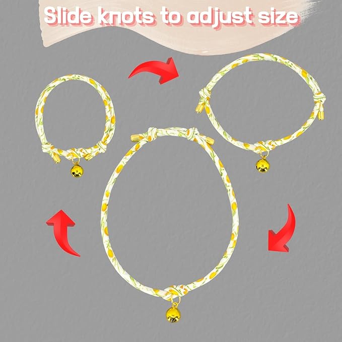 Handmade Cotton Spring Cat Collar with Bell – Adjustable Slip-On Design, No Buckle, Lightweight Rope Collar for Kittens, Indoor Cats, and Small Pets (Leaf-Yellow)