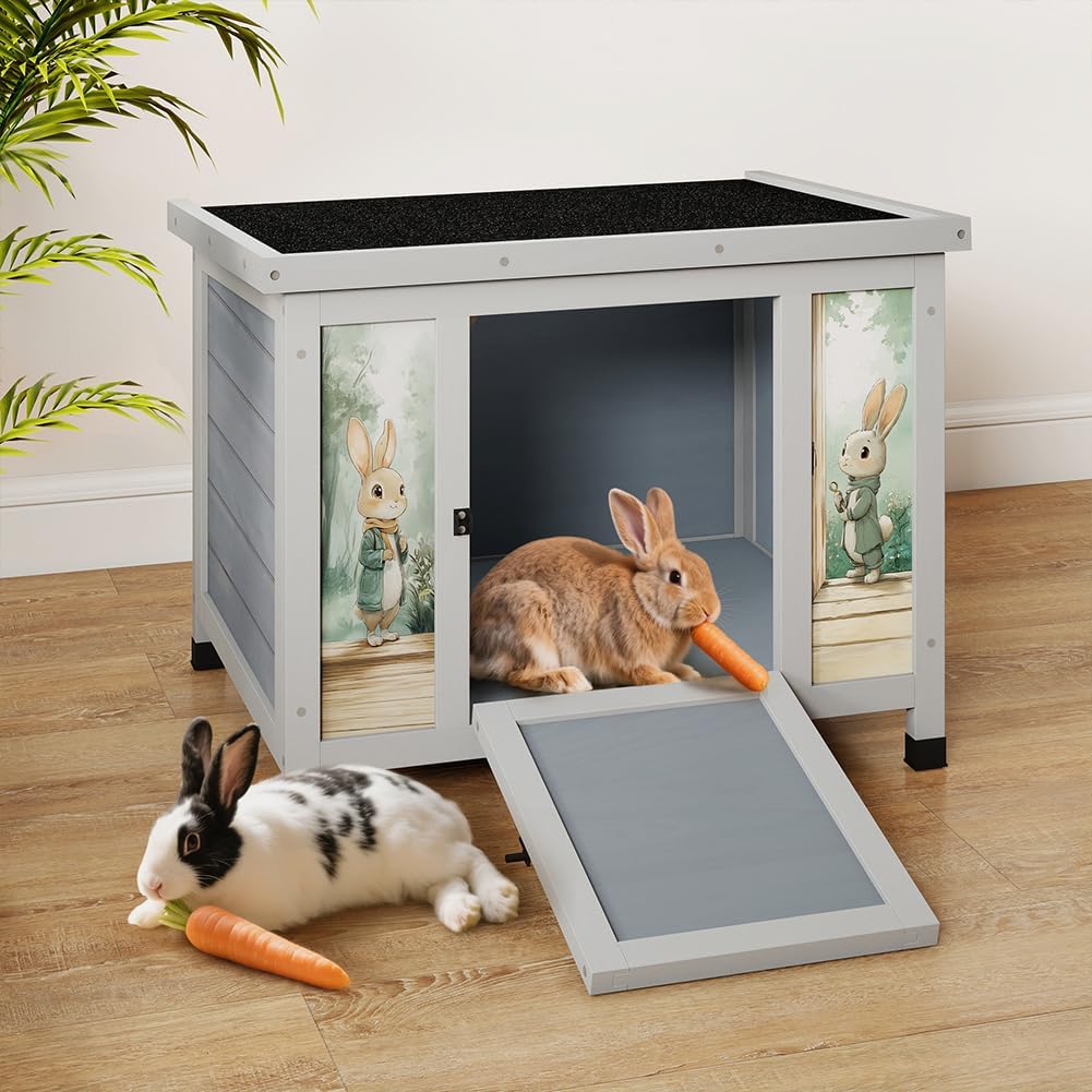 COZIWOW 24in Wooden Cat House Outdoor & Indoor Pet Shelter with Foldable Ramp - Weatherproof Rabbit Hutch with Unique Machine-Printed Art Designs for Cat, Rabbit, Guinea Pig (Grey)