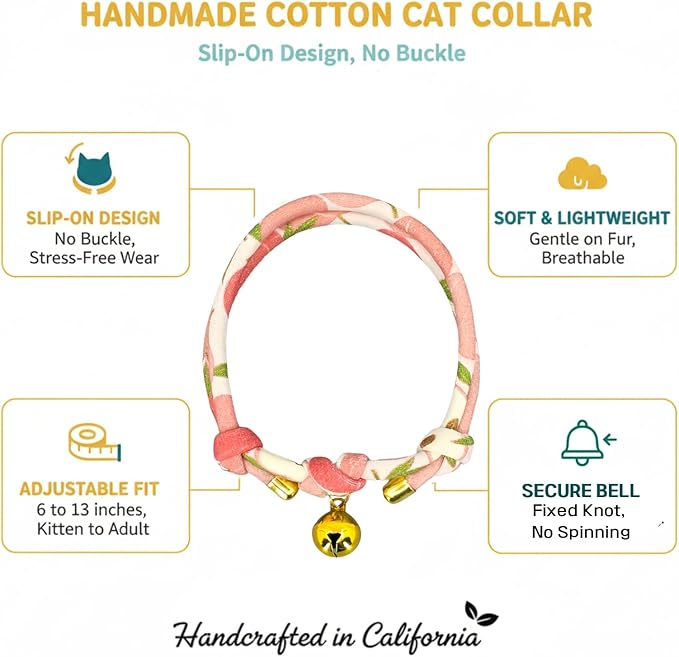 Handmade Cotton Cat Collar with Bell – Adjustable Slip-On Design, No Buckle, Lightweight Rope Collar for Kittens, Indoor Cats, and Small Pets (Peach)