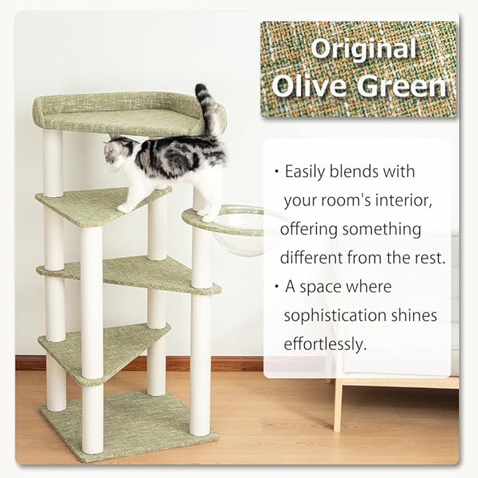 53” Tall Cat Tree for Large Cat, Modern Senior Friendly Cat Tower with Wide Shelves Low Step, Cotton Scratching Posts, Double-Sided Jute Wrapping, Cozy Perches (Light Green)