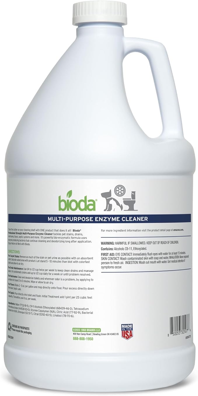 Bioda Multi-Purpose Probiotic Enzyme Cleaner and Deodorizer | Professional Strength | Trash Can Deodorizer, Pet Stains and Odors, Drains, Floors, Bathrooms, Toilets | Made in USA | 1 Gallon | 4 Pack