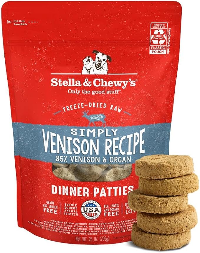 Stella & Chewy's Freeze-Dried Raw Dinner Patties - Simply Venison Recipe - High Protein Grain-Free Puppy & Dog Food - Perfect For Picky Eaters - 25 oz