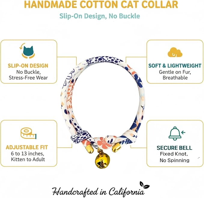Handmade Cotton Cat Collar with Bell – Adjustable Slip-On Design, No Buckle, Lightweight Rope Collar for Kittens, Indoor Cats, and Small Pets (Breeze)