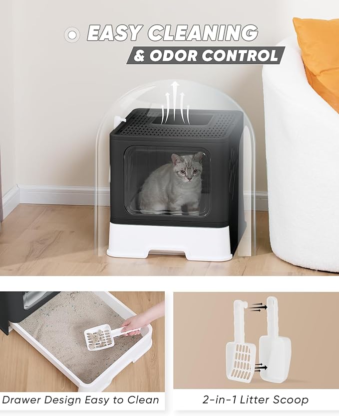 Enclosed Cat Litter Box, Large Litter Box for Big Cats, Covered Kitty Litter Boxes with Lid, Top Entry Cat Box Enclosure with Scoop, Odor Control, Easy to Clean (Black)