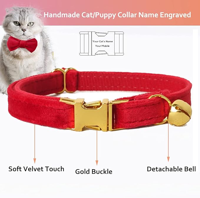 Cat Collar Personalized with Name Engraved and Bell, Customized Velvet Collars for Puppy Kittens (Red, S)