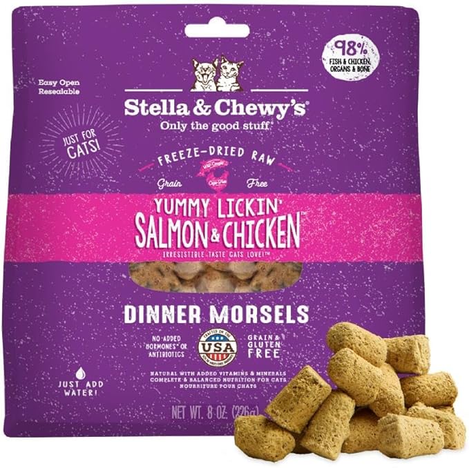 Stella & Chewy's Freeze-Dried Raw Cat Dinner Morsels - Premium Salmon & Chicken Recipe with 98% Wild-Caught & Cage-Free Protein - Natural Grain-Free Cat & Kitten Food - Made in USA - 8 oz