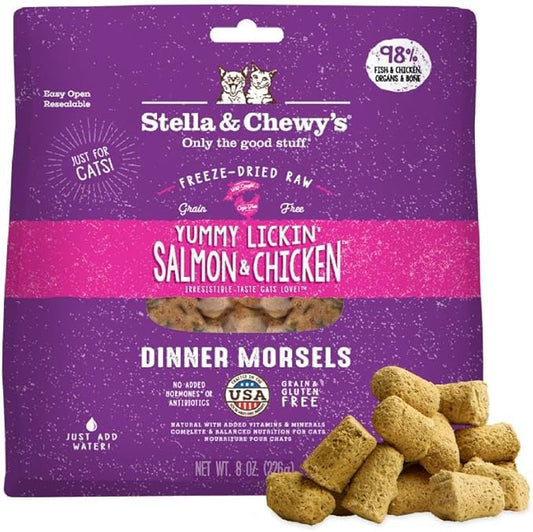 Stella & Chewy's Freeze-Dried Raw Cat Dinner Morsels - Premium Salmon & Chicken Recipe with 98% Wild-Caught & Cage-Free Protein - Natural Grain-Free Cat & Kitten Food - Made in USA - 8 oz