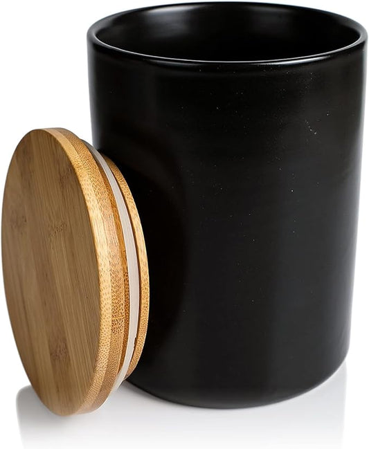 Arthausen Black Ceramic Storage Jar Canister for Flour Sugar - Airtight Bamboo Lid w/Silicone Seal, Spoon - Modern Abstract Art Design for Kitchen Counter Bathroom - 4 cup / 1080mL