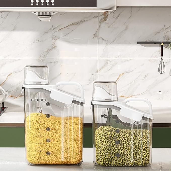 Dogg Food Storage Container 2000 mL Airtight Double Sealed Pet Feeding Bin with Measuring Cup Waterproof Moisture‑Proof White