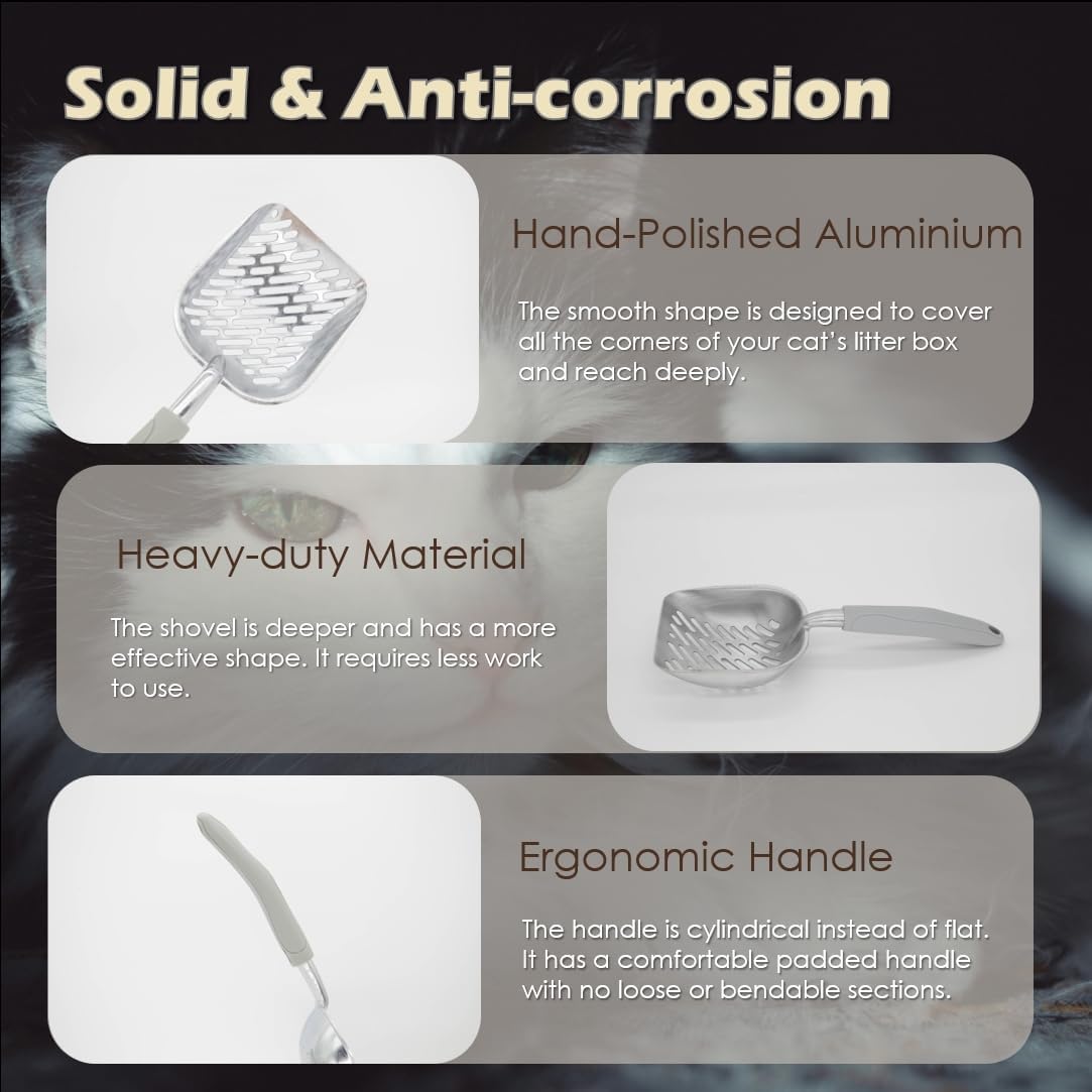 Metal Cat Litter Scoop with Holder, Aluminum Cats Litter Scooper Captures All Clumps, Heavy Duty Metal Kitty Scoopers with Holder, Cat Metal Scoop and Holder (Black)